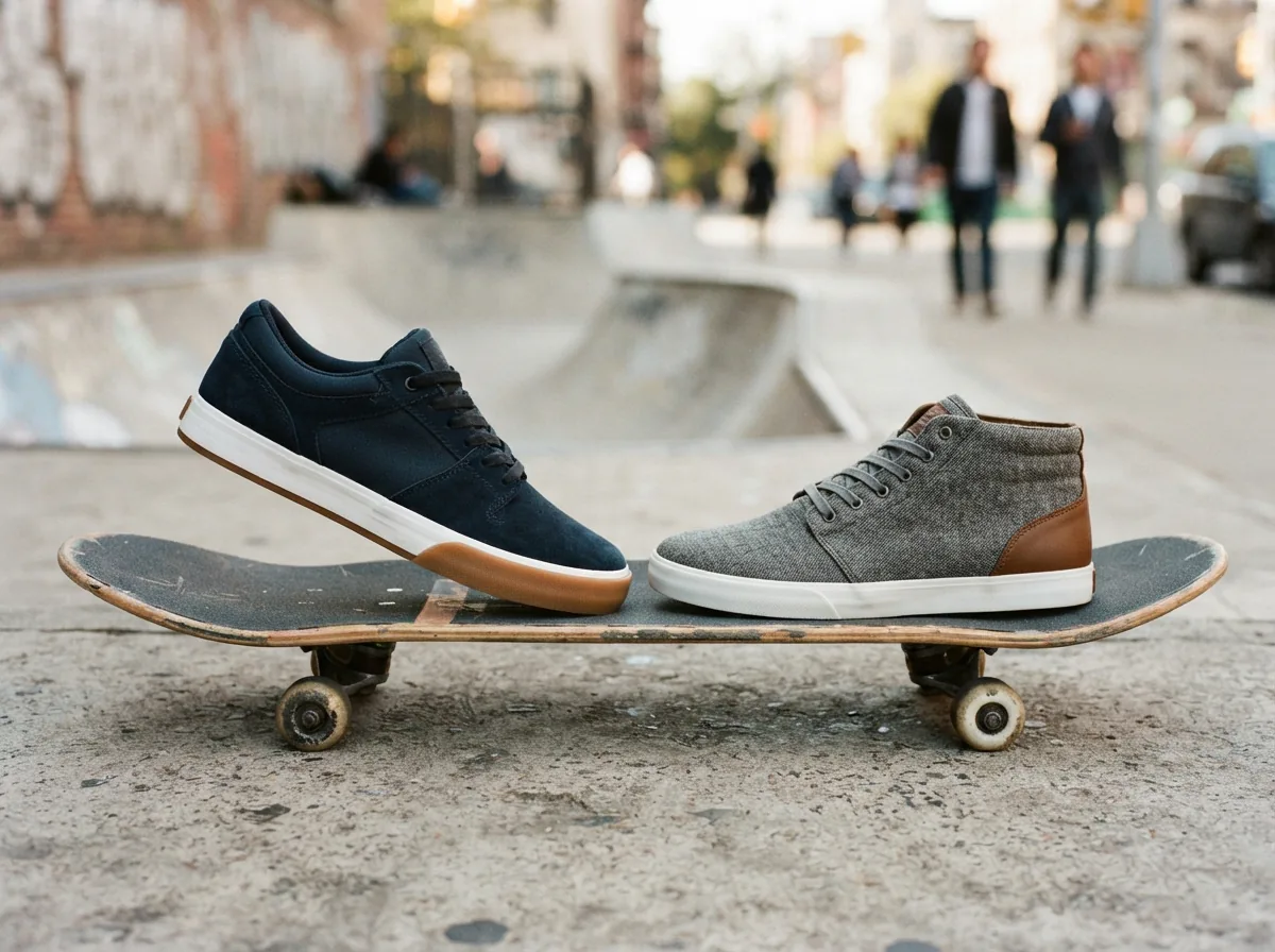 Side-by-side comparison of men's Supra skate and casual shoes on a concrete surface