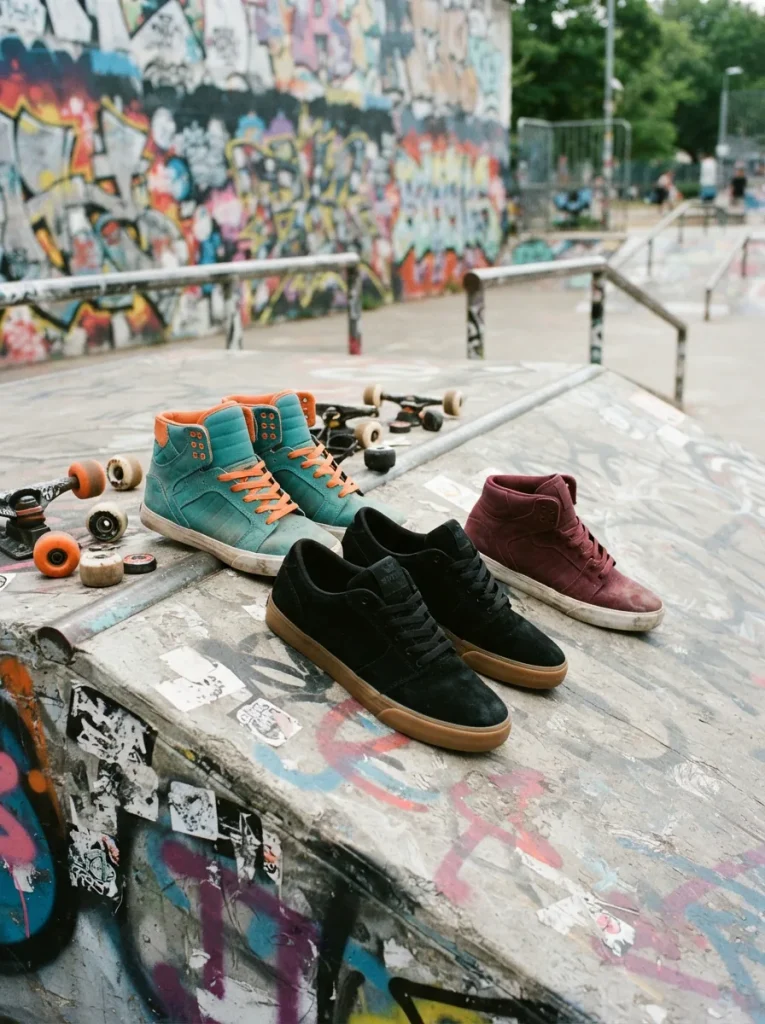 Collection of Supra athletic shoes in various styles arranged on a skate ramp with urban graffiti in background