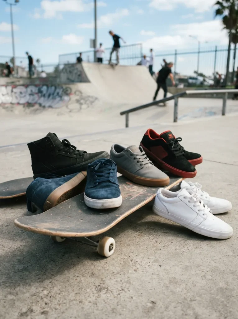 Assortment of men's Supra shoes arranged on a skateboard at an urban skatepark