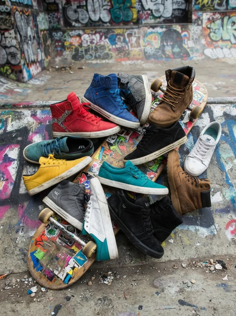 Assortment of Supra shoes in an urban skate park setting