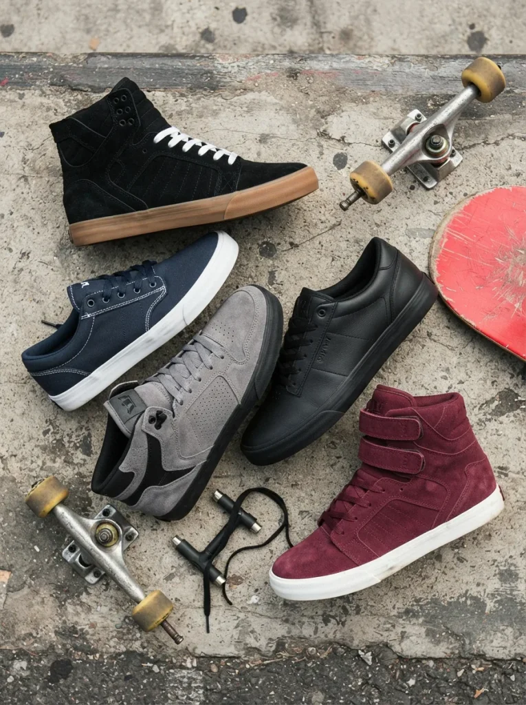 Assortment of Supra skateboard shoes displayed on a concrete skatepark surface.